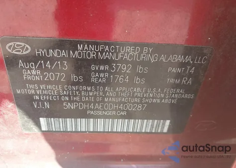 2013 Hyundai Elantra Gls from USA, damaged, VIN 5NPDH4AE0DH400287